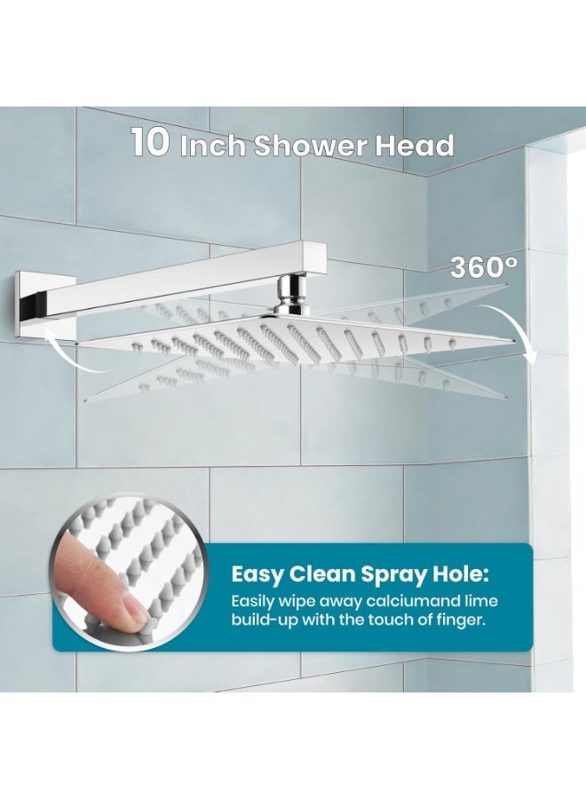 مجموعة نظام الاستحمام مع فوهة الحوض، مجموعة صنبور الاستحمام المثبت على الحائط بثلاث وظائف، رأس استحمام ممطر وموزع يدوي، مجموعة صمام تركيب أولي، مجموعة تجهيزات الاستحمام 10 بوصات بالكروم المصقول - Image 3